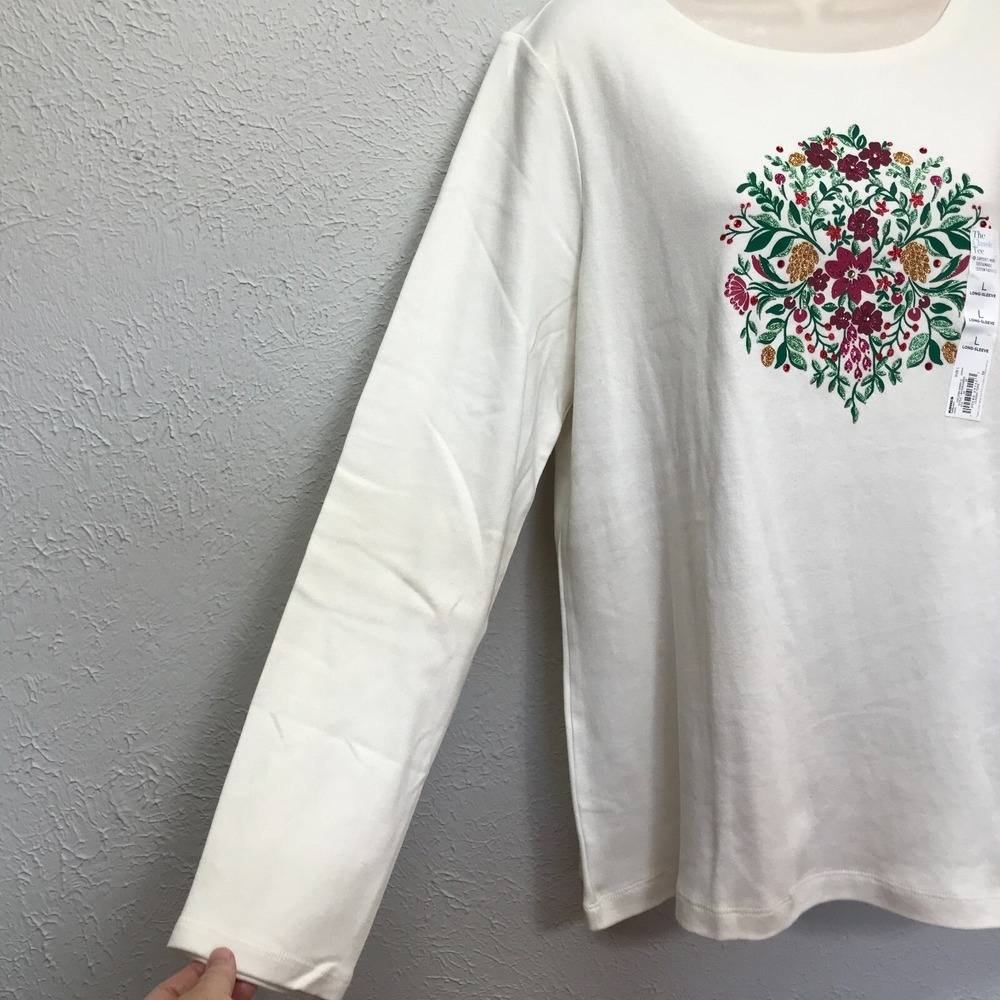 Croft & Barrow Holiday Shirt Womens L Cream Floral Classic Long Sleeve Glitter - Picture 5 of 7